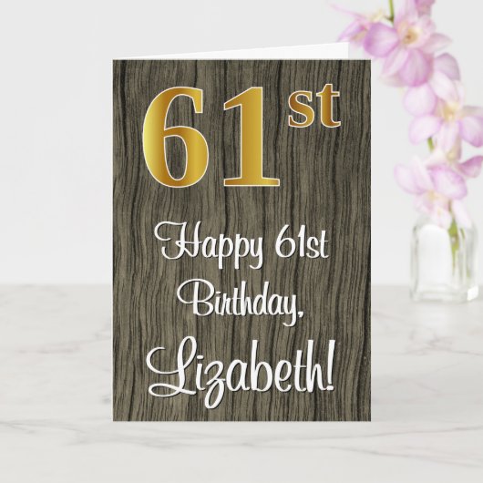 61番目の誕生日:エレガントフェイク金ゴールドルック#、フェイク木材 カード (蘭)