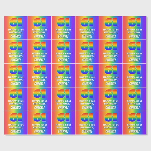 61番目の誕生日: カラフル、おもしろいレインボーパターン# 61 ラッピングペーパー (フラット)