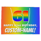 61番目の誕生日: カラフル、おもしろいレインボーパターン# 61 ラージペーパーバッグ (裏面)