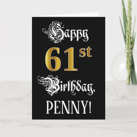 61番目の誕生日:ファンシースクリプト、フェイク金ゴールド・ルック、名前 カード (正面)