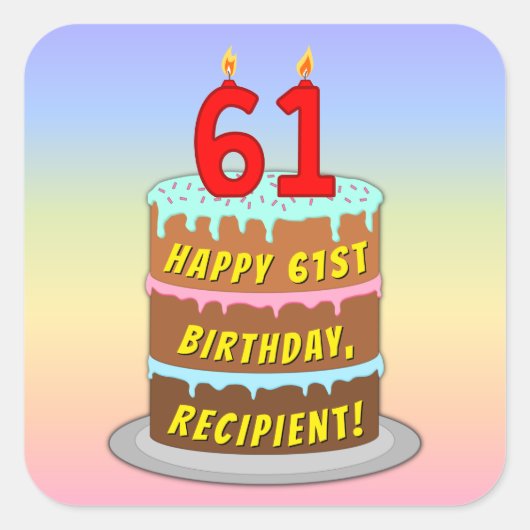 61誕生日:おもしろいケーキとキャンドル+名前をカスタムする スクエアシール (正面)