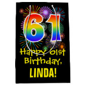 61誕生日:おもしろい花火パターン+虹61 ミディアムペーパーバッグ (正面)