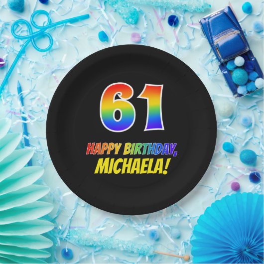 61誕生日:はっきりした,おもしろい,シンプル虹, 61 ペーパープレート (パーティー)