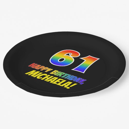 61誕生日:はっきりした,おもしろい,シンプル虹, 61 ペーパープレート (アングル)