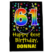 61誕生日:カラフルスターズパターン&レインボー61 ミディアムペーパーバッグ (正面)