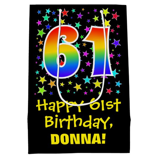 61誕生日:カラフルスターズパターン&レインボー61 ミディアムペーパーバッグ (裏面)