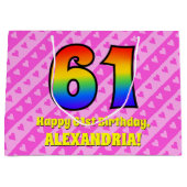 61誕生日:ピンクストライプのハート、レインボー# 61 ラージペーパーバッグ (正面)