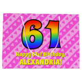 61誕生日:ピンクストライプのハート、レインボー# 61 ラージペーパーバッグ (裏面)