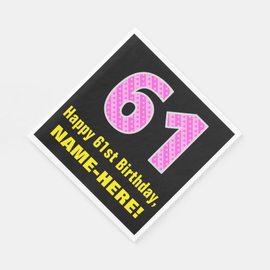 61誕生日：ピンクストライプ色のハートと"61" +名前 スタンダードランチョンナプキン (角)