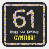 61誕生日:フローラ花数、名前をカスタムする スクエアシール (正面)