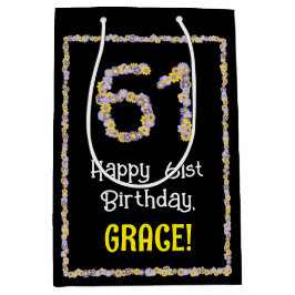 61誕生日:フローラ花数、名前をカスタムする ミディアムペーパーバッグ