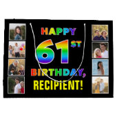 61誕生日：レインボー文字カスタム、写真&名前 ラージペーパーバッグ (裏面)