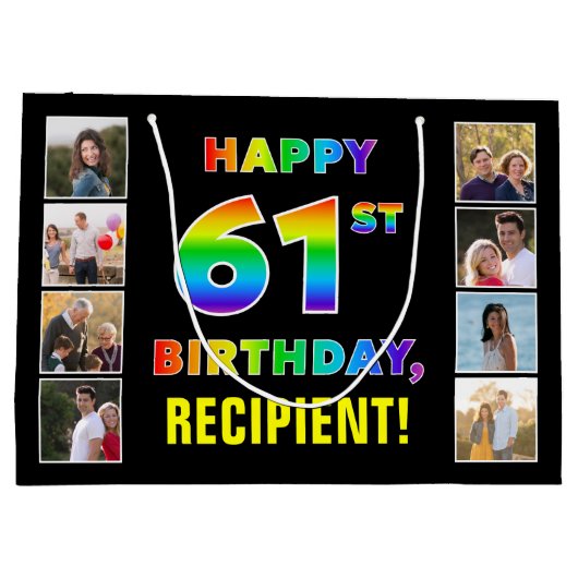 61誕生日：レインボー文字カスタム、写真&名前 ラージペーパーバッグ (裏面)