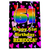 61誕生日：愛するハートパターン、虹# 61 ミディアムペーパーバッグ (正面)