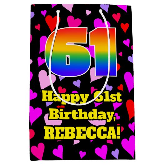 61誕生日：愛するハートパターン、虹# 61 ミディアムペーパーバッグ (正面)