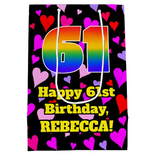 61誕生日：愛するハートパターン、虹# 61 ミディアムペーパーバッグ (裏面)