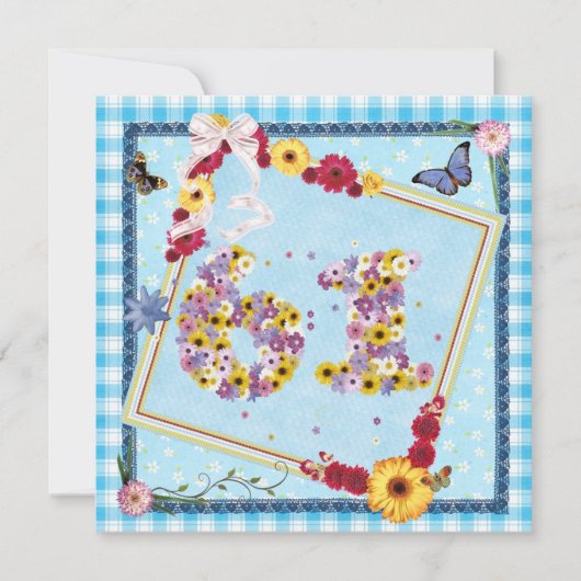 61th誕生日パーティー招待の花、蝶 招待状 (正面)