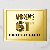 61th誕生日パーティー~アールデコスタイル「61」 +名前 箔招待状ポストカード (正面)