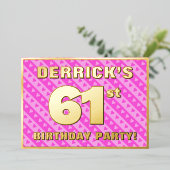 61th Birthday Party —おもしろいピンクのハートとストライプ 箔招待状 (立ち正面)