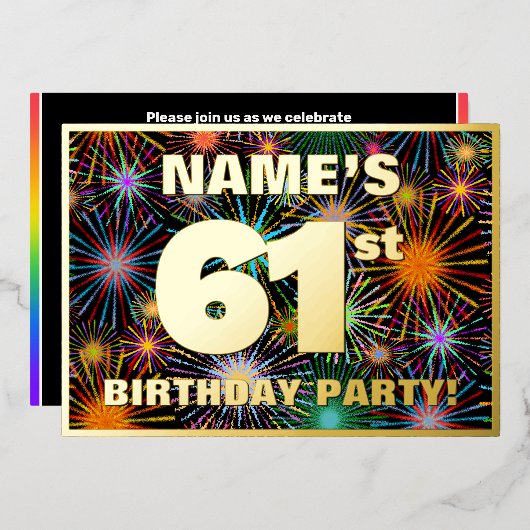 61th Birthday Party —おもしろい、カラフルFireworks Look 箔招待状 (正面/裏面)