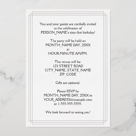 61th Birthday Party – スクリプファンシートと名前をカスタムする 箔招待状 (裏面)