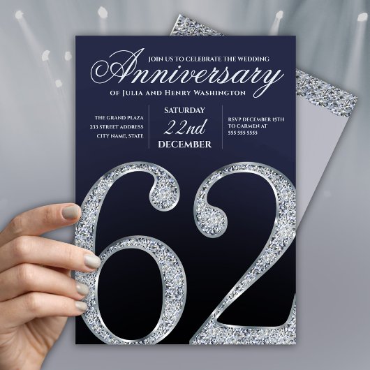 62周年記念ダイヤモンドシルバー紺モダン 招待状