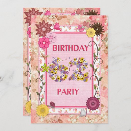 62回目の誕生日パーティーへの招待フローラ枠 招待状 (正面/裏面)