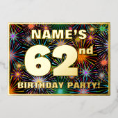 62回目の誕生日パーティー – おもしろいカラフル、Fireworks Look 箔招待状 (正面)