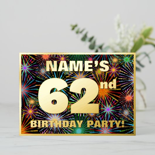 62回目の誕生日パーティー – おもしろいカラフル、Fireworks Look 箔招待状 (立ち正面)