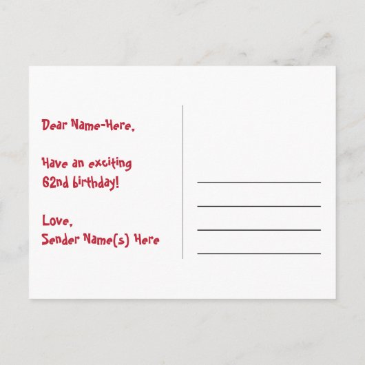 62歳の誕生日おめでとう！楽しい花火模様＋虹62 ポストカード (裏面)