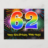 62歳の誕生日おめでとう！楽しい花火模様＋虹62 ポストカード (正面)