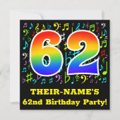 62歳の誕生日パーティー：楽しい音楽のシンボル、虹62 招待状 (正面)
