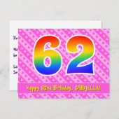 62歳の誕生日:ピンクのストライプとハート、虹色の62 ポストカード (正面/裏面)