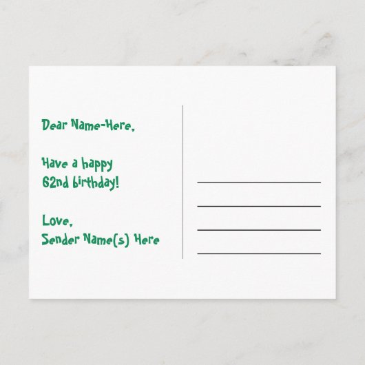 62歳の誕生日:楽しいスターパターン、虹62、名前 ポストカード (裏面)