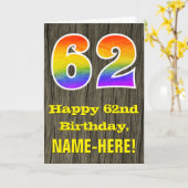 62歳の誕生日：素朴な偽の木の外観、虹の"62" カード (黄色い花)