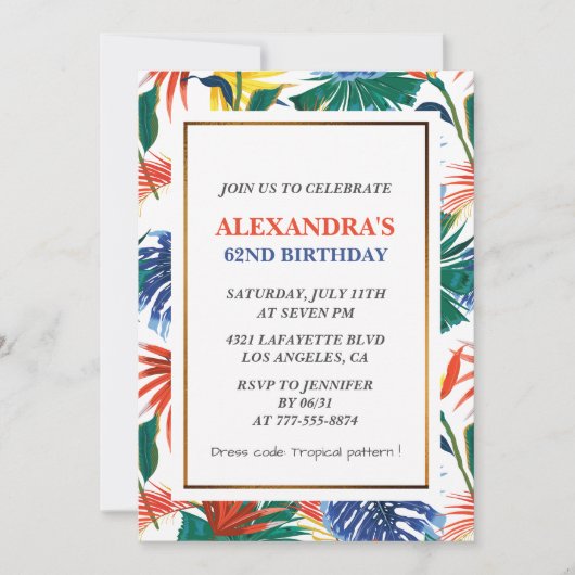 62歳エレガントの誕生日招待状熱帯フローラ 招待状 (正面)