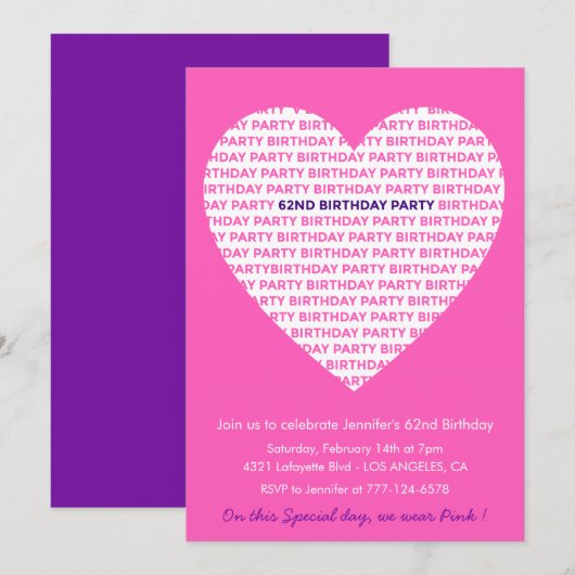 62歳ガーリーの誕生日の招待ガールピンク 招待状 (正面/裏面)