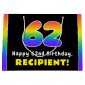 62番目の誕生日カラフル: Rainbow # 62,名前をカスタムする ラージペーパーバッグ (正面)