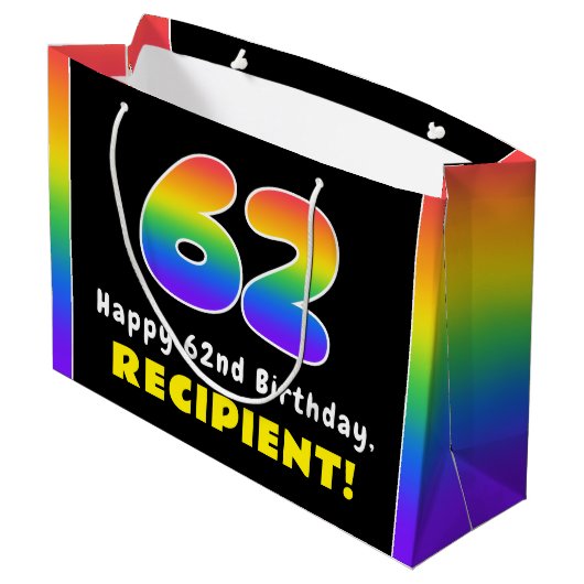 62番目の誕生日カラフル: Rainbow # 62,名前をカスタムする ラージペーパーバッグ (裏面アングル)
