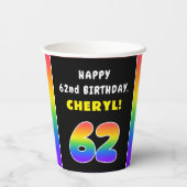 62番目の誕生日カラフル: Rainbow # 62,名前をカスタムする 紙コップ (裏面)