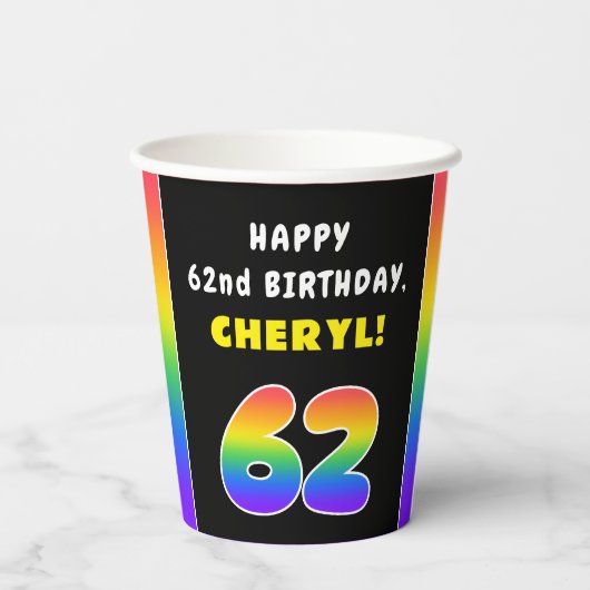 62番目の誕生日カラフル: Rainbow # 62,名前をカスタムする 紙コップ (裏面)