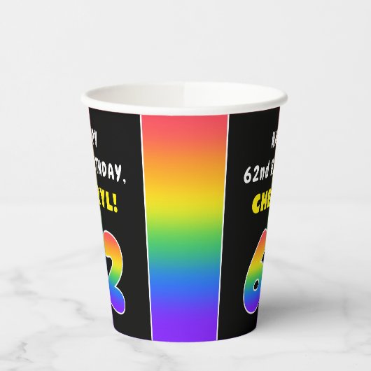 62番目の誕生日カラフル: Rainbow # 62,名前をカスタムする 紙コップ (左)