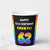 62番目の誕生日カラフル: Rainbow # 62,名前をカスタムする 紙コップ (正面)