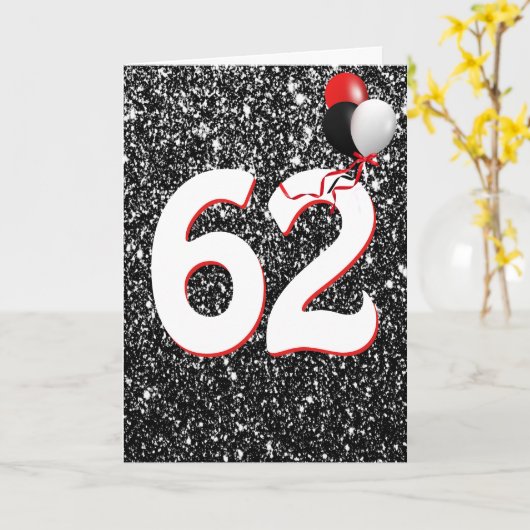 62番目の誕生日バルーンを黒のグリッターカードに カード (黄色い花)