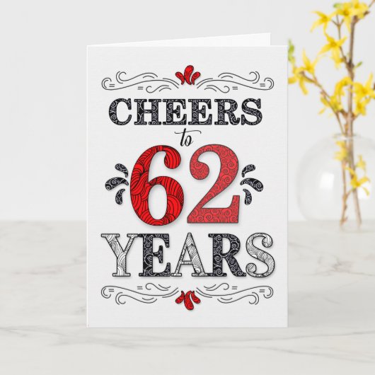62番目の誕生日応援の赤い白の黒いパターン カード (黄色い花)