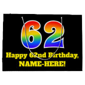 62番目の誕生日～おもしろい, カラフル, 鮮やか, Rainbow 62 ラージペーパーバッグ (裏面)