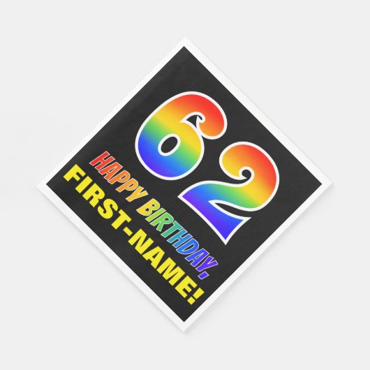 62番目の誕生日: はっきりした,おもしろい,シンプル虹， 62 スタンダードランチョンナプキン (角)