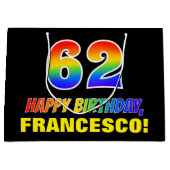 62番目の誕生日: はっきりした,おもしろい,シンプル虹, 62 ラージペーパーバッグ (正面)