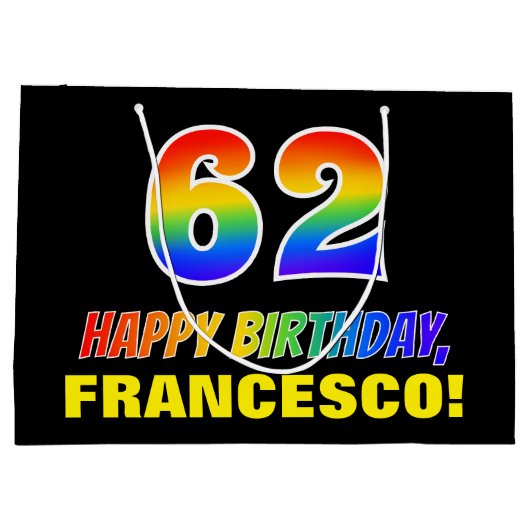 62番目の誕生日: はっきりした,おもしろい,シンプル虹, 62 ラージペーパーバッグ (裏面)