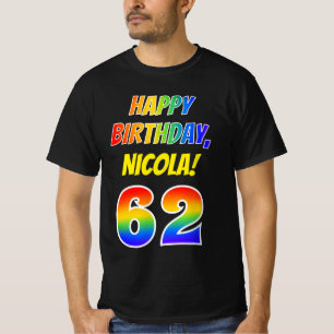 62番目の誕生日:はっきりした、おもしろい、レインボー62、名前をカスタムする Tシャツ